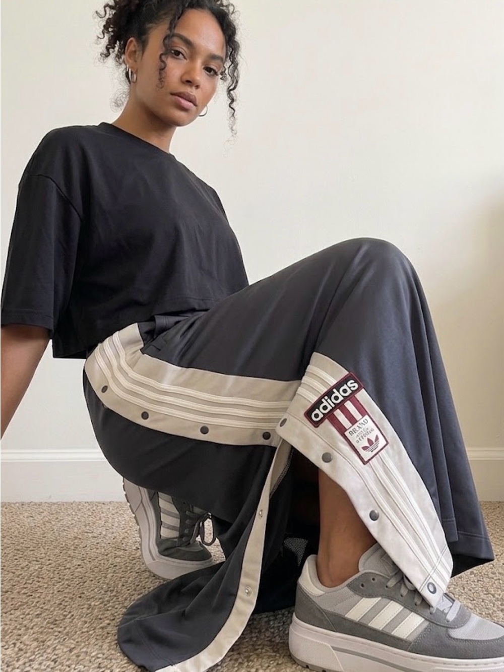 Adidas Originals Adibreak Snap Maxi Skirt Grey Cream Stripe Track Women L/XL ?